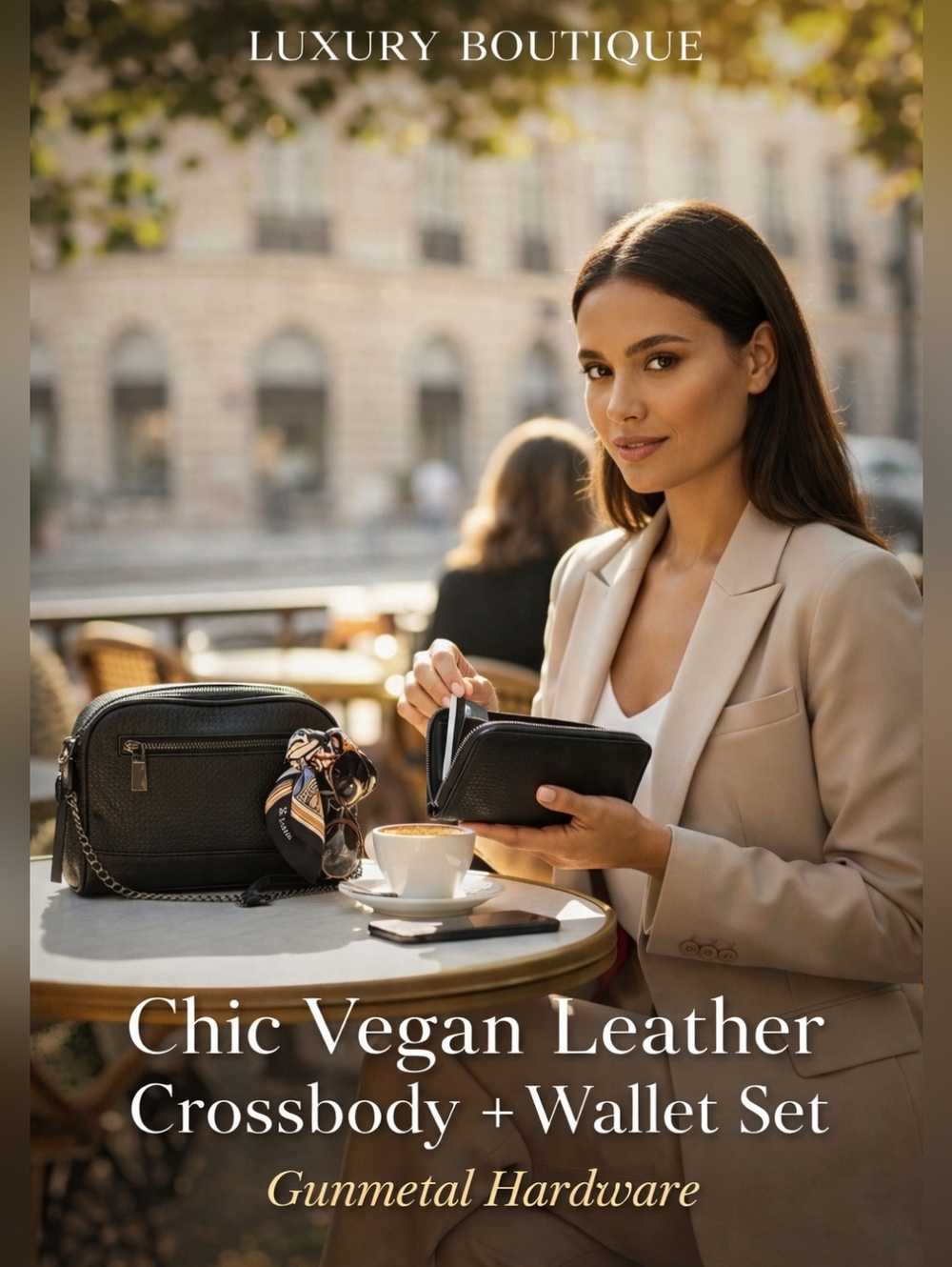 NWOT Black Pebbled Vegan Leather Crossbody + Wallet Set | Gunmetal Hardware